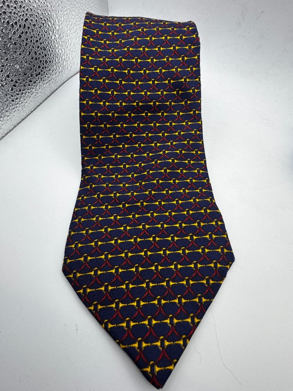 Brooks Brothers Makers Silk Tie Navy Blue Equestrian Horse Bit Geometric 3.75"